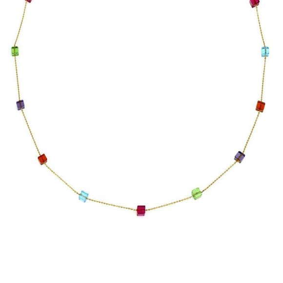 14k YGold Multicolor Gems Cube Charms Necklace - Picture 2 of 5